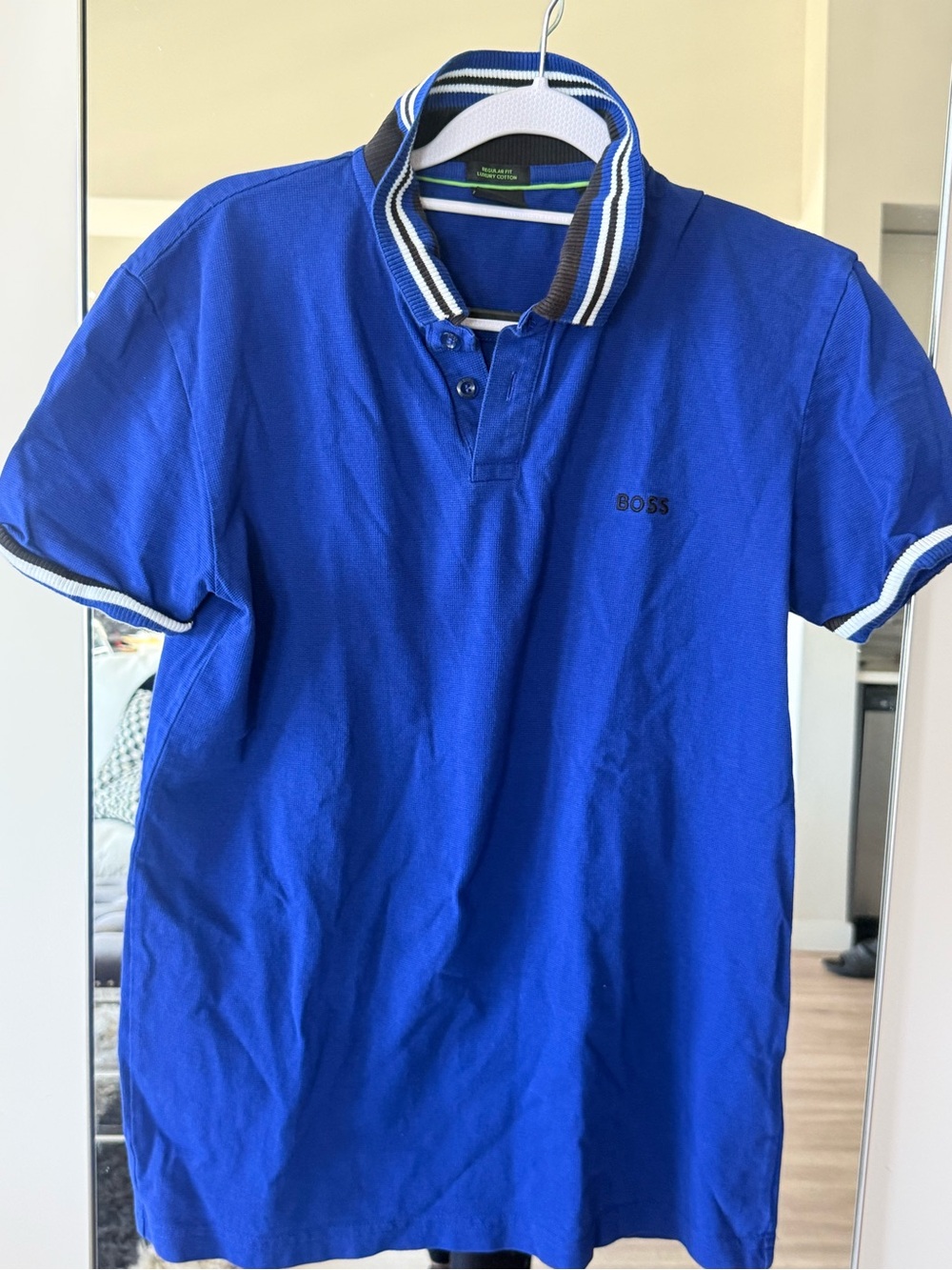 HUGO BOSS Men's Polo Shirt in Bright Blue with Striped Collar